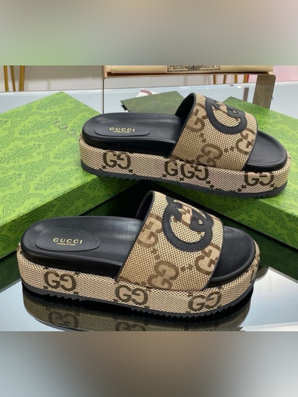 Gucci Beige Brown GG Canvas Platform Slide Sandals
